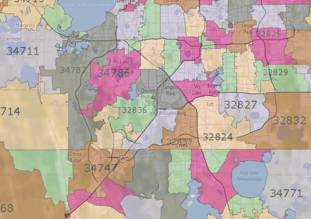 A map of Orlando with zip code boundaries near Disney World