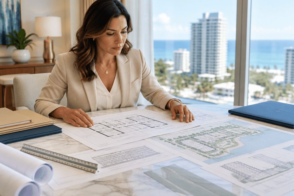 Attorney reviewing condominium master deed and floor plans in San Juan, Puerto Rico