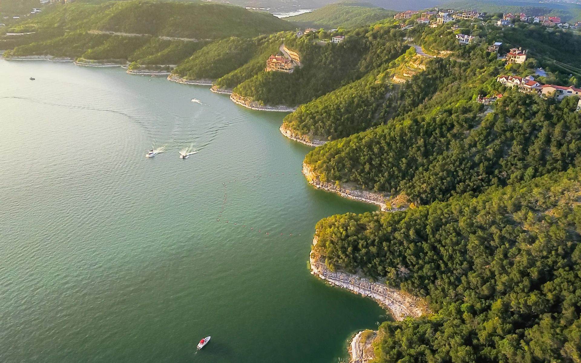 Aerial view of Lake Travis coves and waterfront Hill Country
