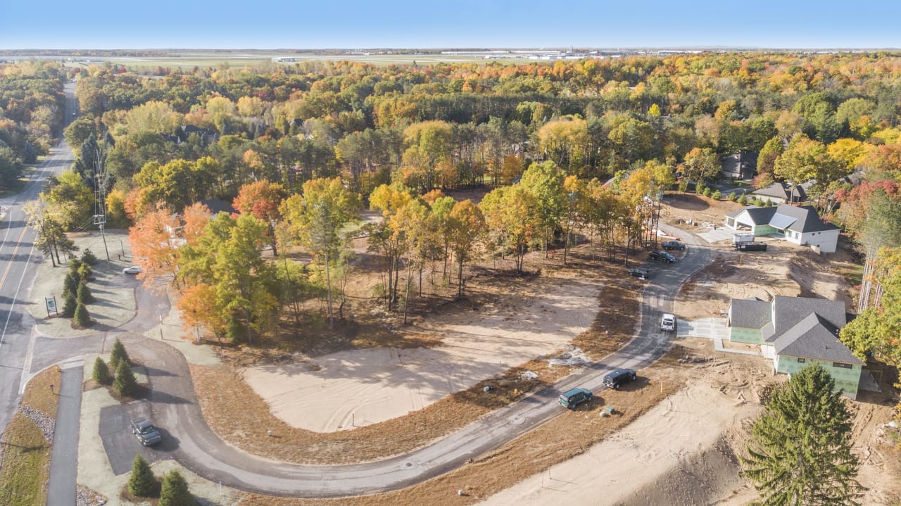 Aerial view of a residential development in the forest in the fall