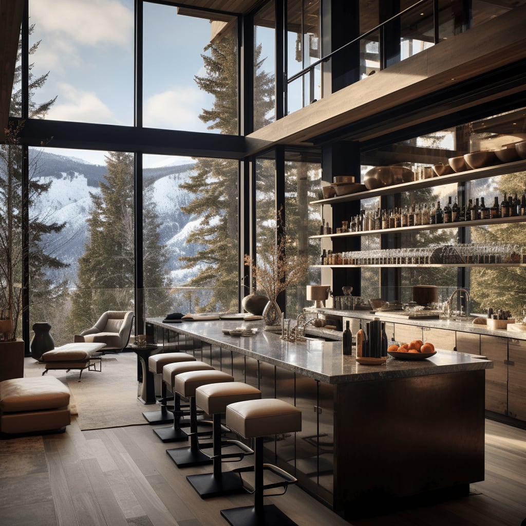 A modern kitchen with a large island and bar stools, overlooking a stunning winter landscape