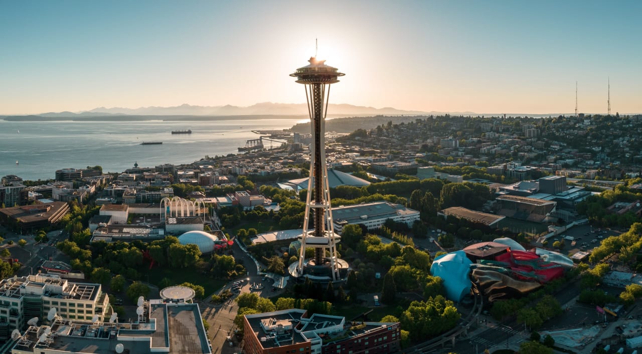 An aerial view of the Space Needle in Seattle, Washington.