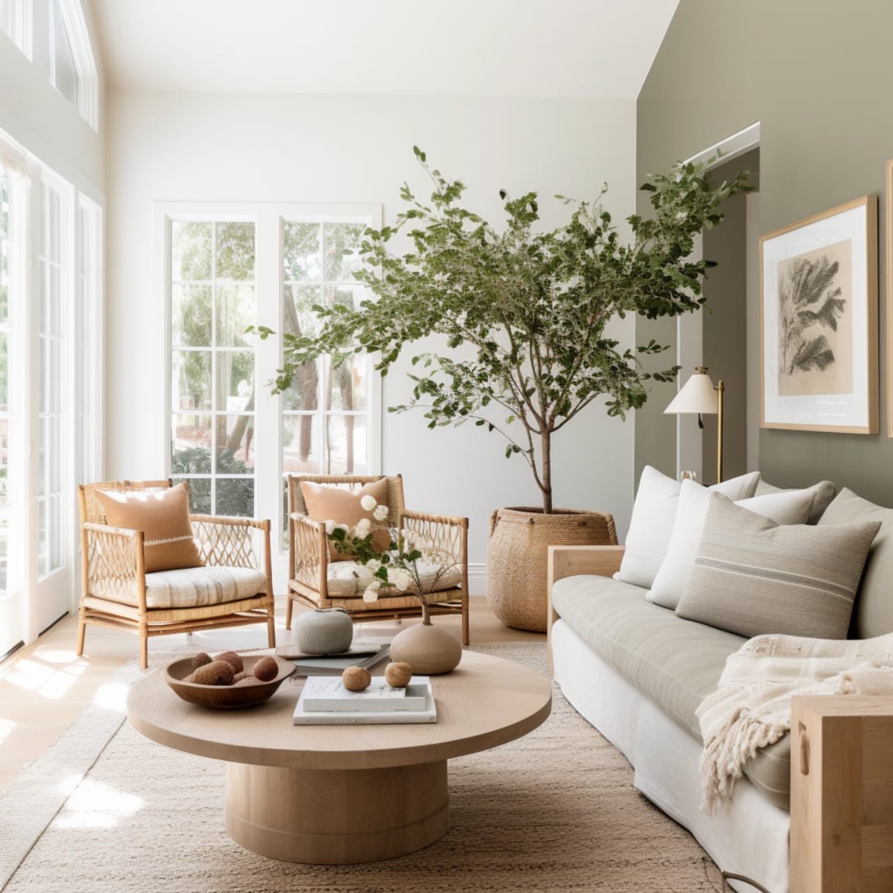 A living room with a light couch, two light brown chairs, a round wooden coffee table, and a weeping fig tree in a pot.