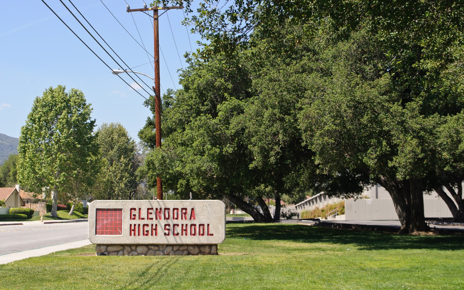 Glendora High School entrance sign and landscaped campus frontage in 2012