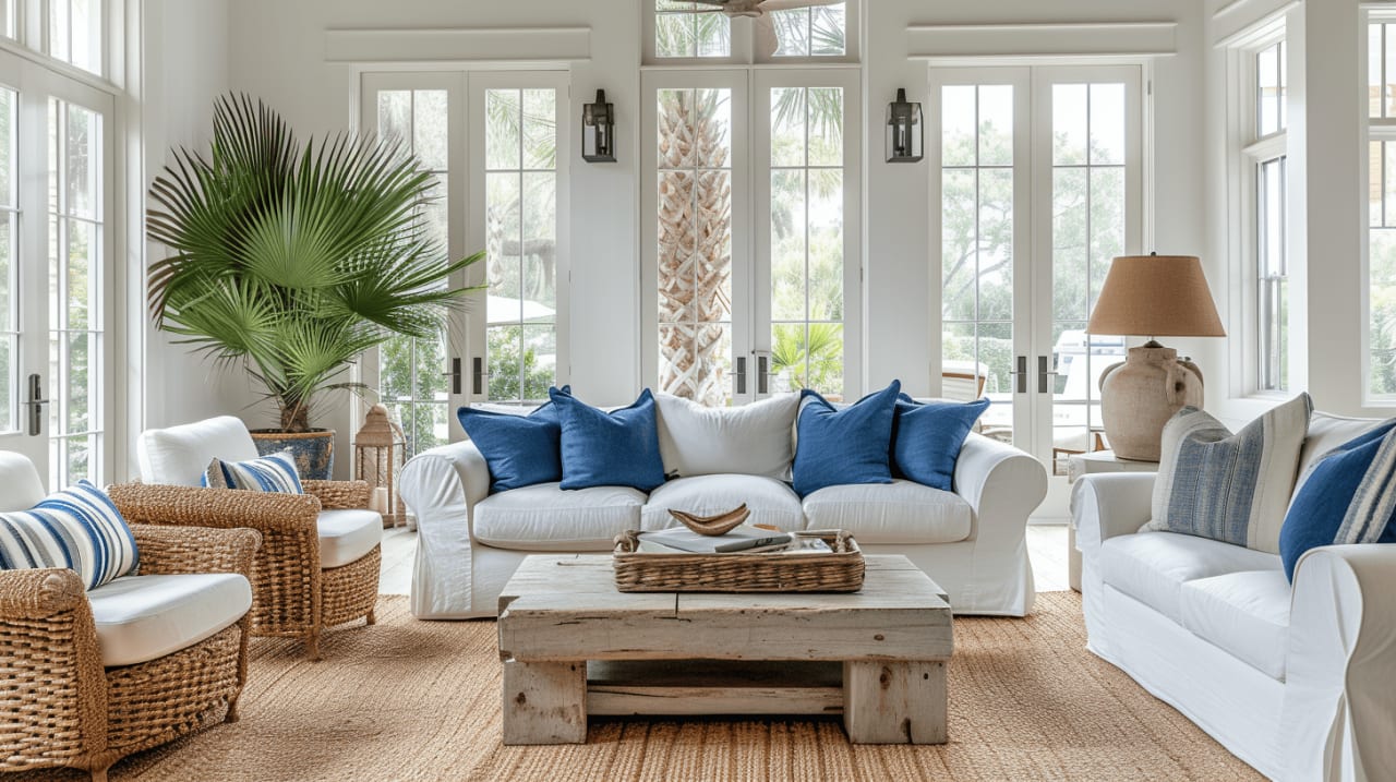 A living room with white couches, chairs, and a coffee table.