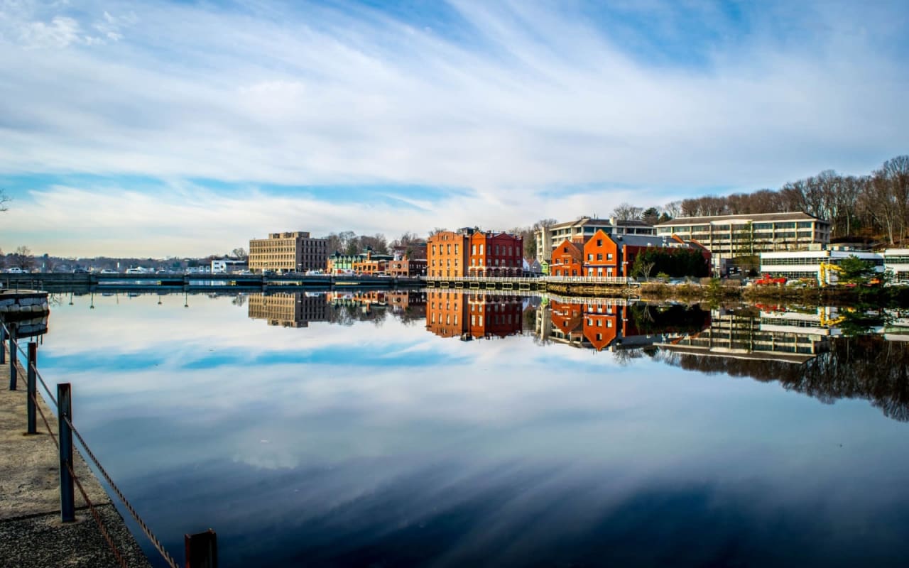 A body of water surrounded by buildings and trees on a sunny day. Calm water that reflects the blue sky and the white clouds.