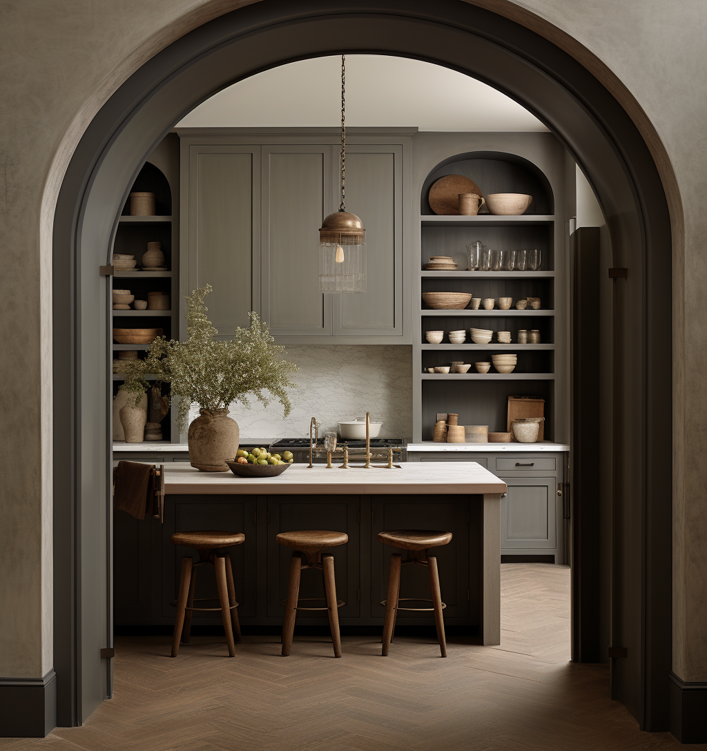 Warm, inviting kitchen with gray cabinets, wooden stools, and open shelves displaying pottery. A large archway and pendant light enhance the cozy ambiance.
