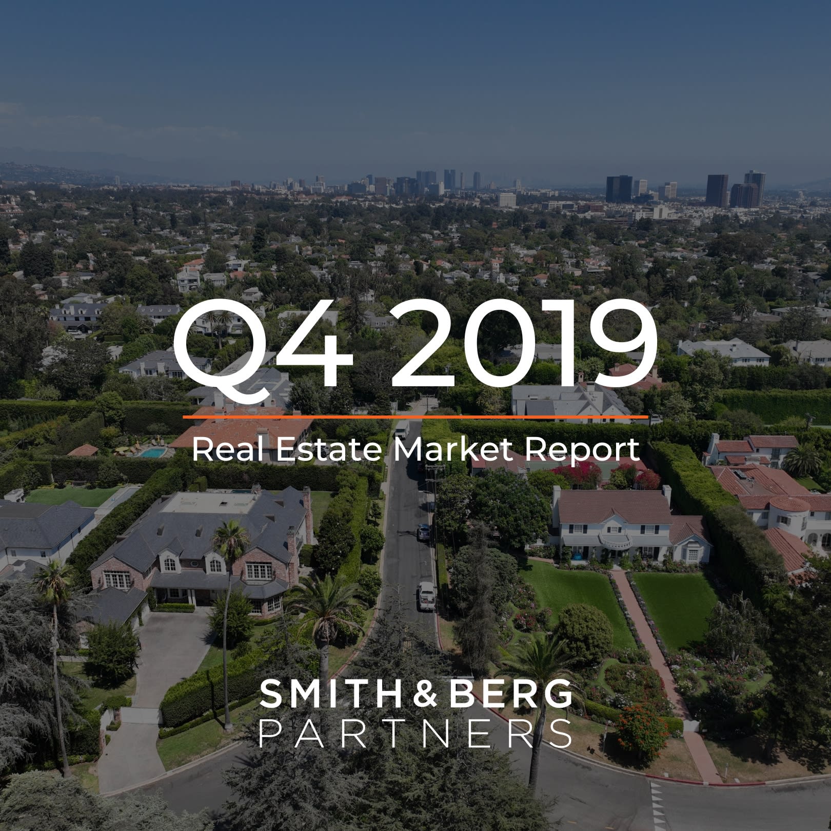 The cover of a "Real Estate Market Report" for "Q4 2019" features an aerial view of a sprawling residential neighborhood with houses and lush green trees. 