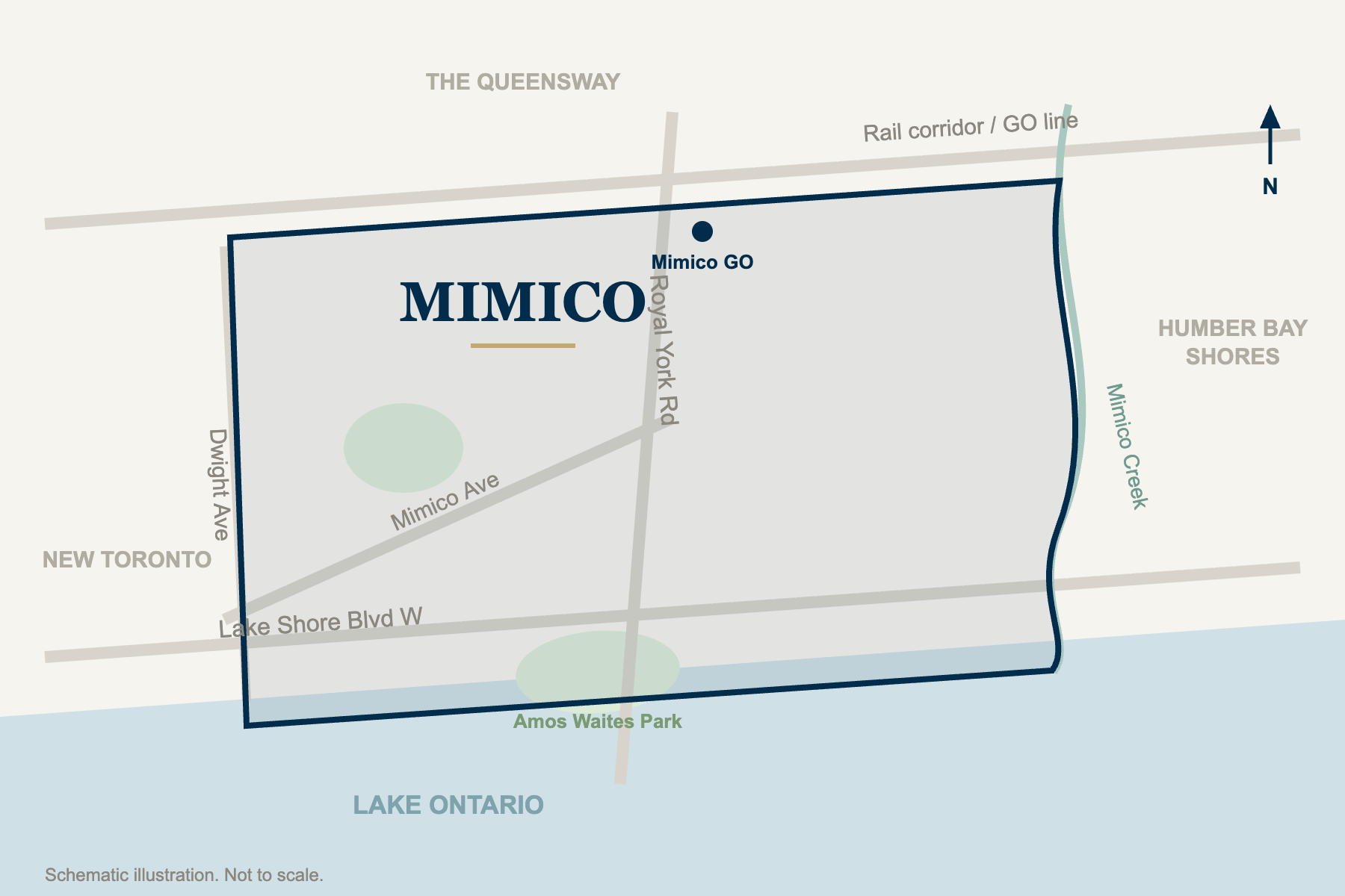 Schematic map of the Mimico neighbourhood in Etobicoke, bounded by the rail corridor, Mimico Creek, Lake Ontario, and Dwight Avenue