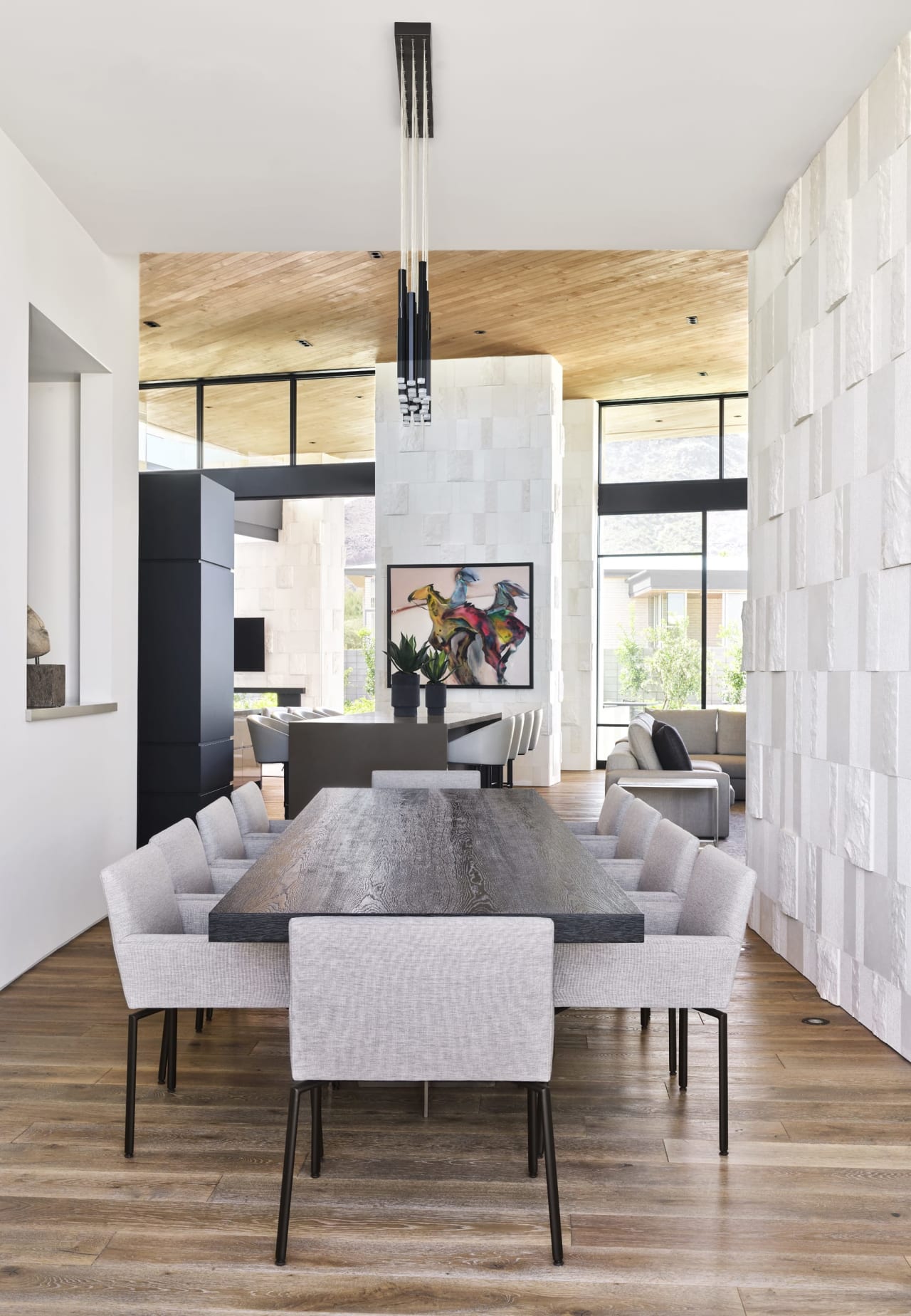 Luxury dining room in modern estate with limestone walls