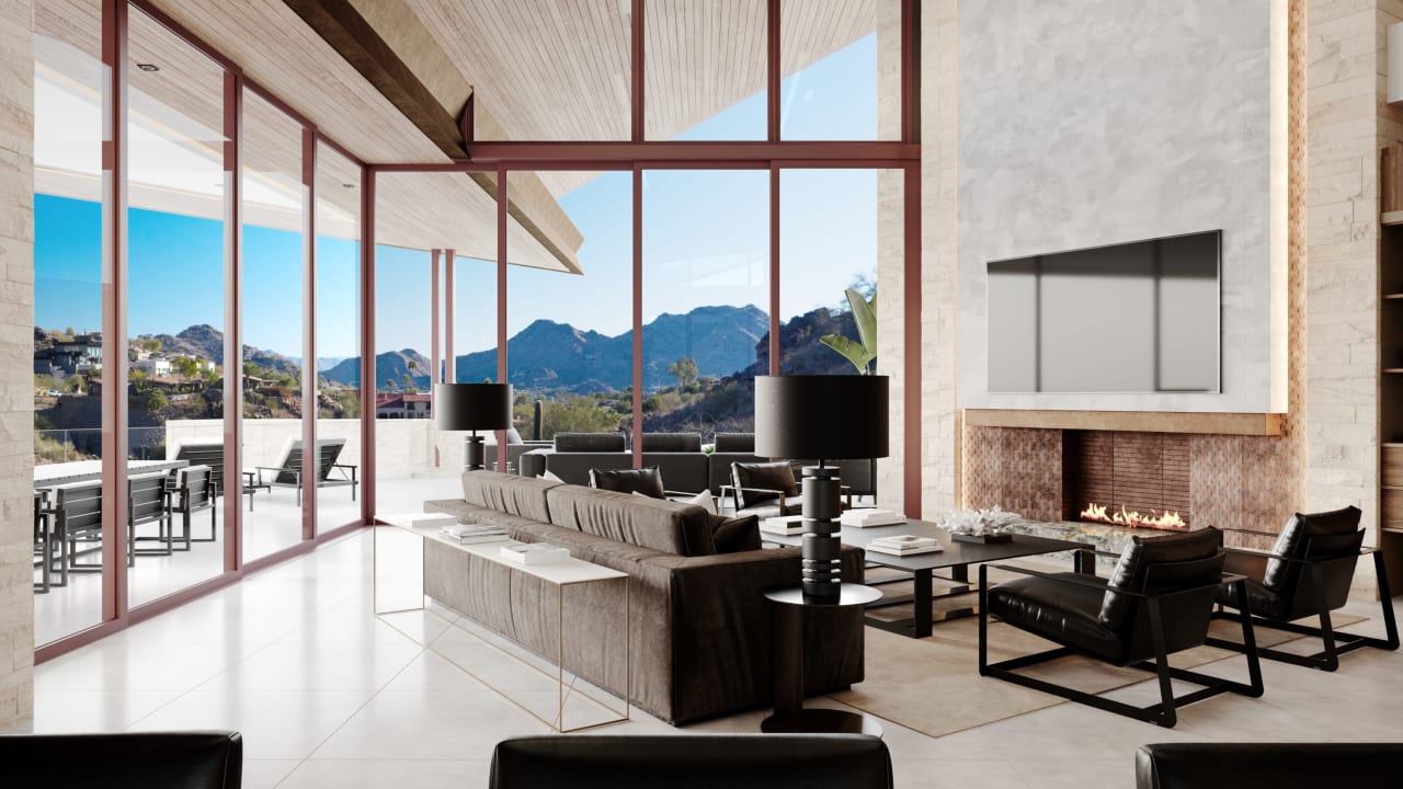 All glass living room in ultra luxury home with modern design