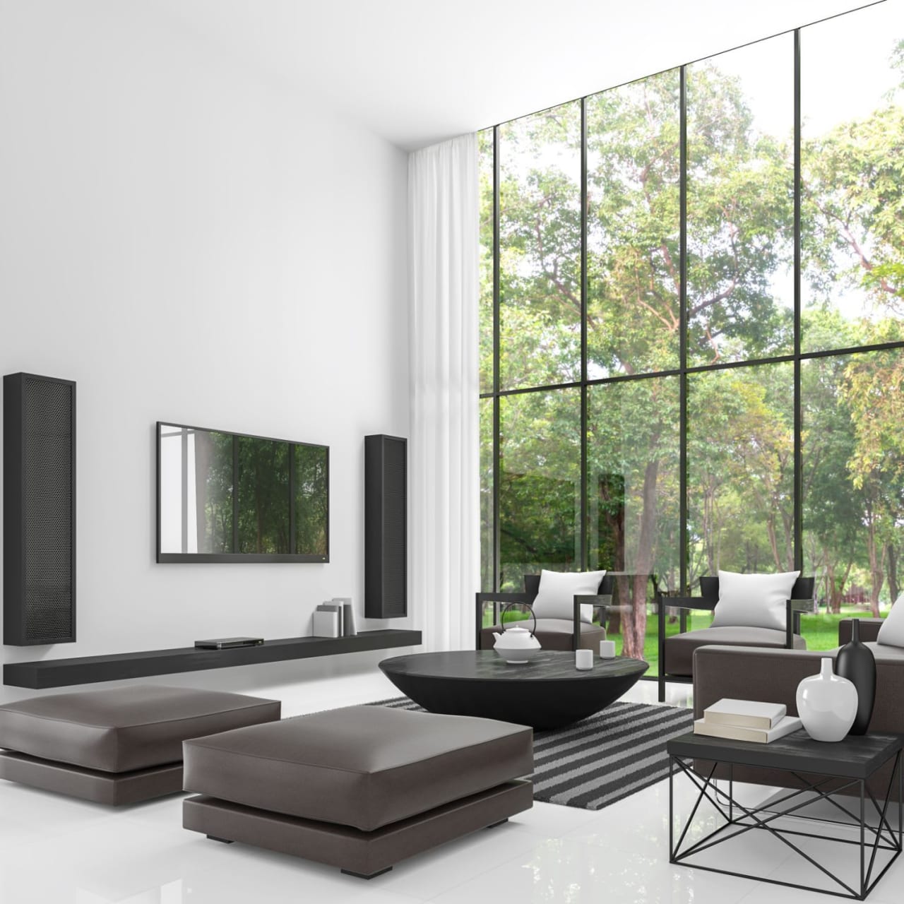 A modern living room with floor-to-ceiling windows, couches and chairs, a coffee table, and a wall-mounted flat-screen TV.