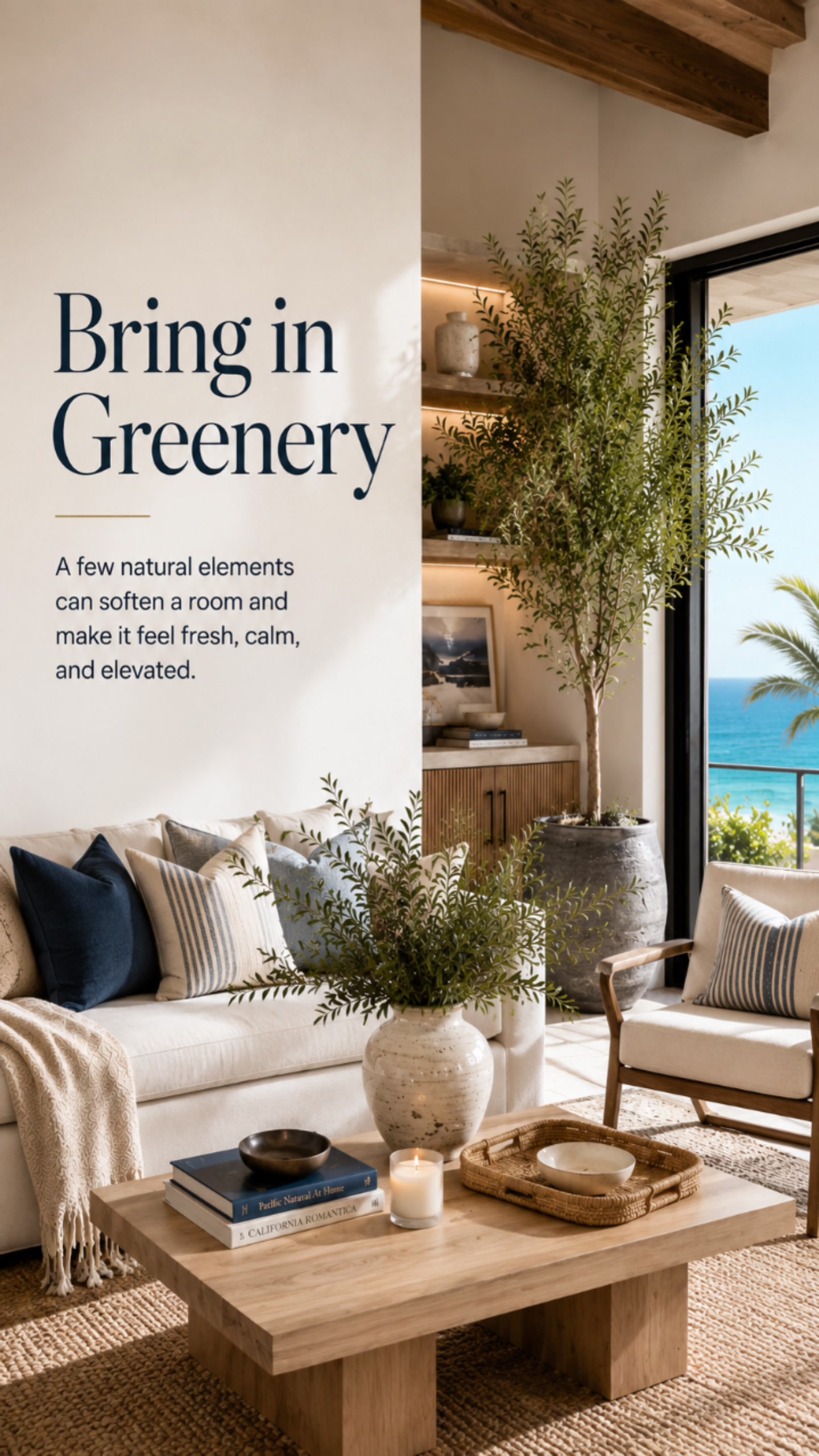 Bring in greenery — fresh branches in a ceramic vase on a coffee table
