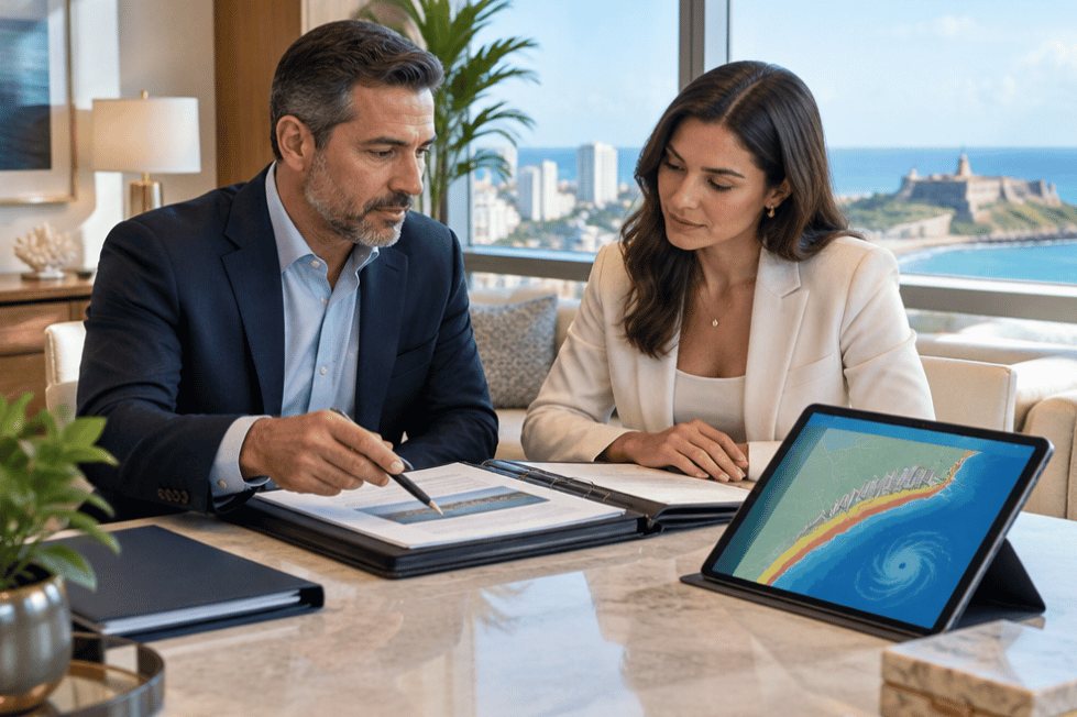 Condo buyer and insurance professional reviewing association coverage in San Juan, Puerto Rico