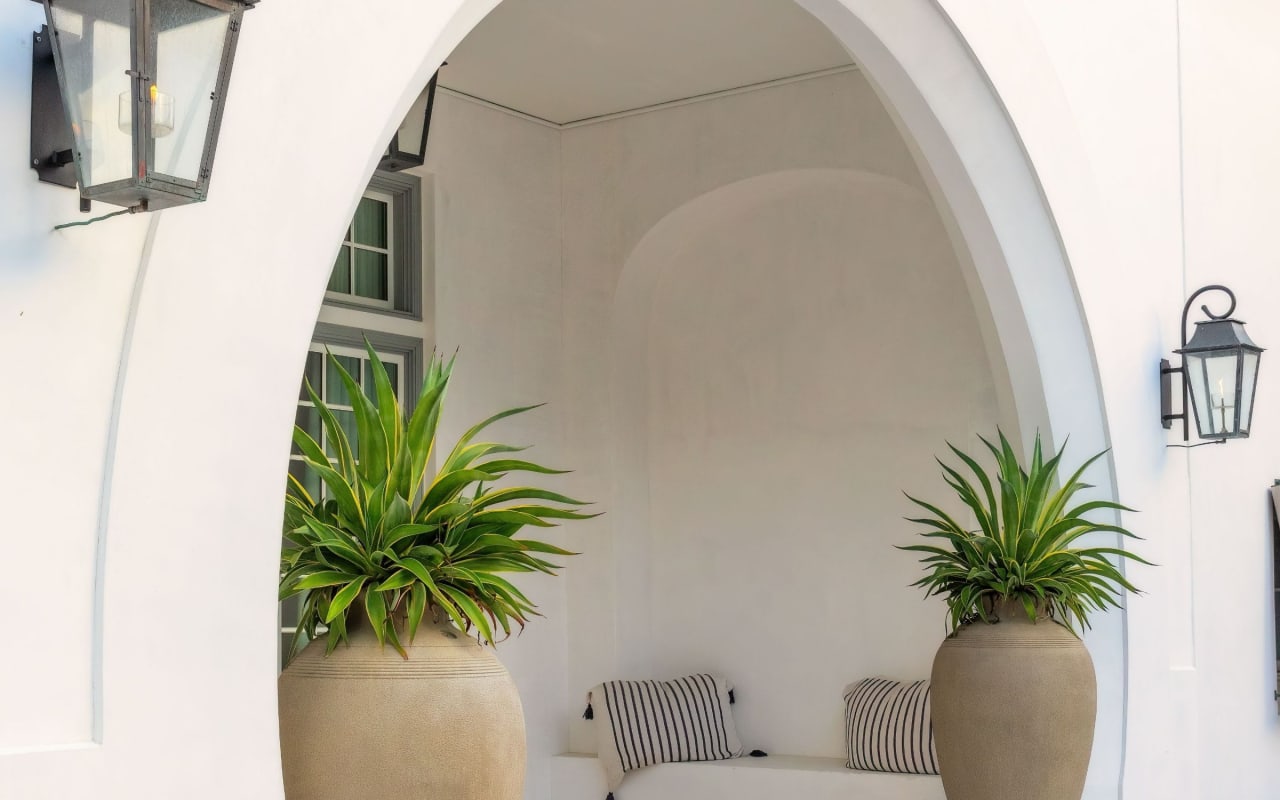 A white arched doorway with two large potted plants on either side and a bench underneath it.