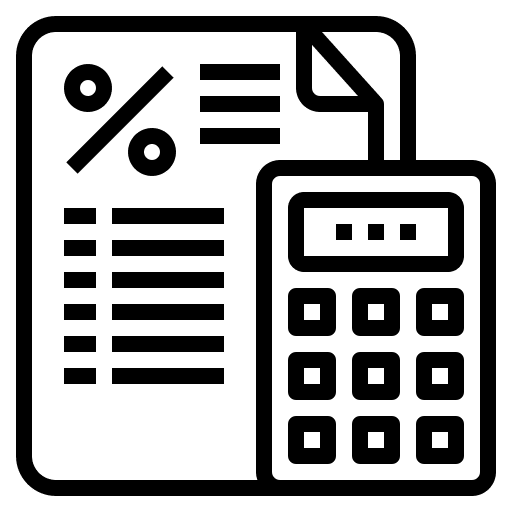 Document, percentage symbol, and calculator icon