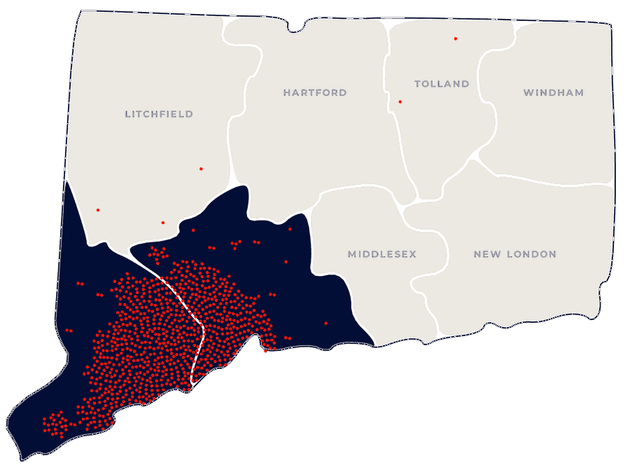 Map of Connecticut showing Matt Nuzie's home sales since 2007, concentrated in Fairfield County and New Haven County