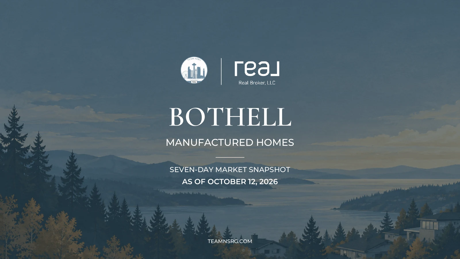Team NSRG and Real Broker market snapshot for Bothell Manufactured Homes, as of October 12, 2026, over an illustrated Pacific Northwest landscape.