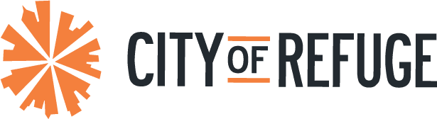 Logo featuring a stylized sunburst in orange and black text reading "CITY of REFUGE."