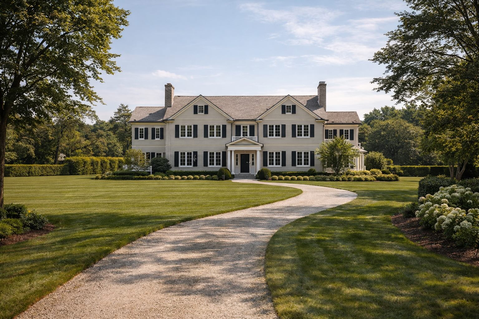 Quogue village colonial style home with manicured lawn