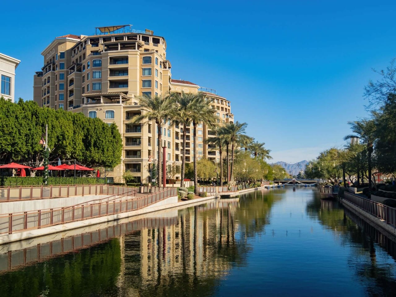 A canal surrounded by buildings and palm trees