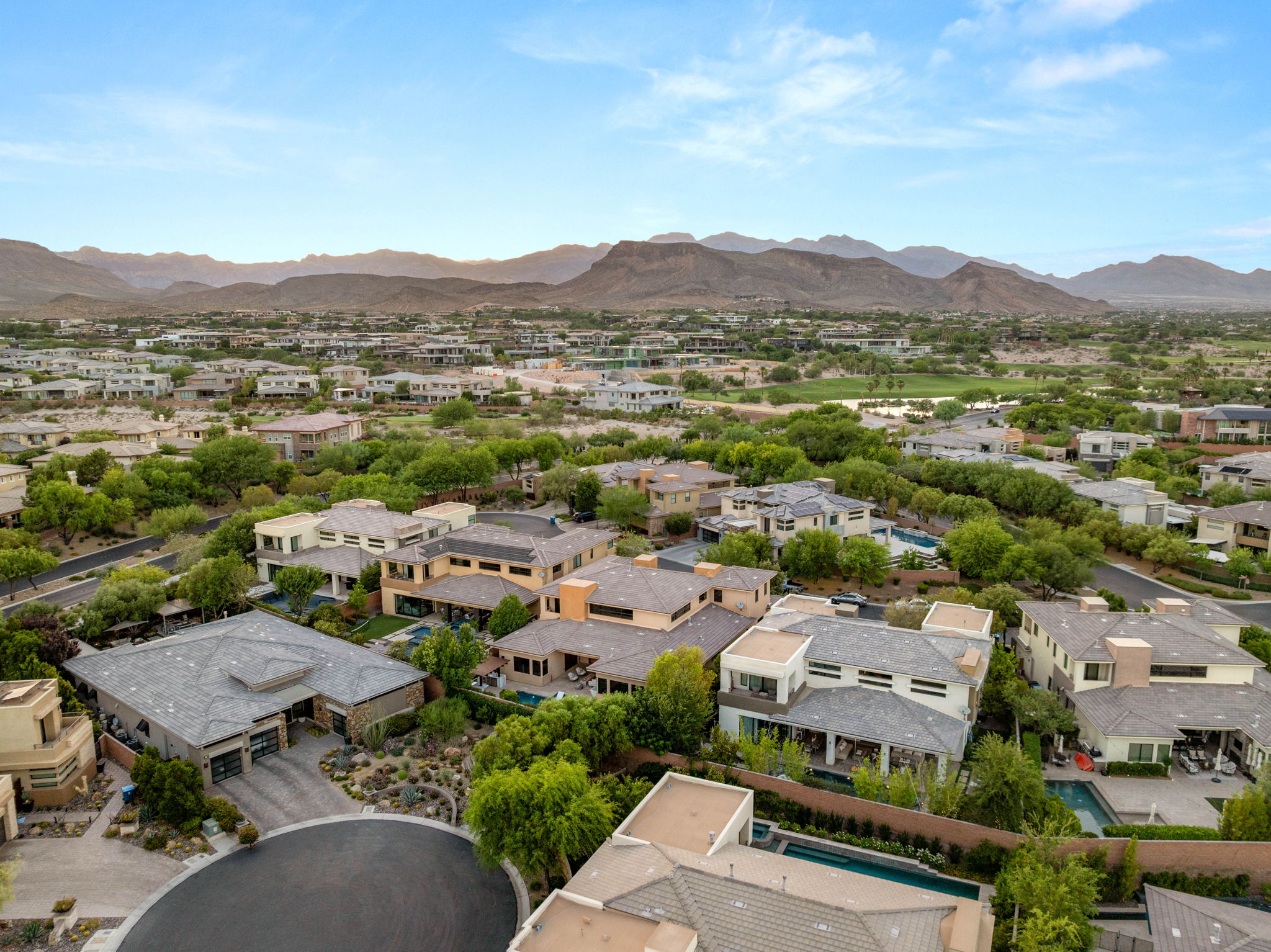 Aerial view over The Ridges in Summerlin toward the Spring Mountains and Red Rock Canyon, Las Vegas
