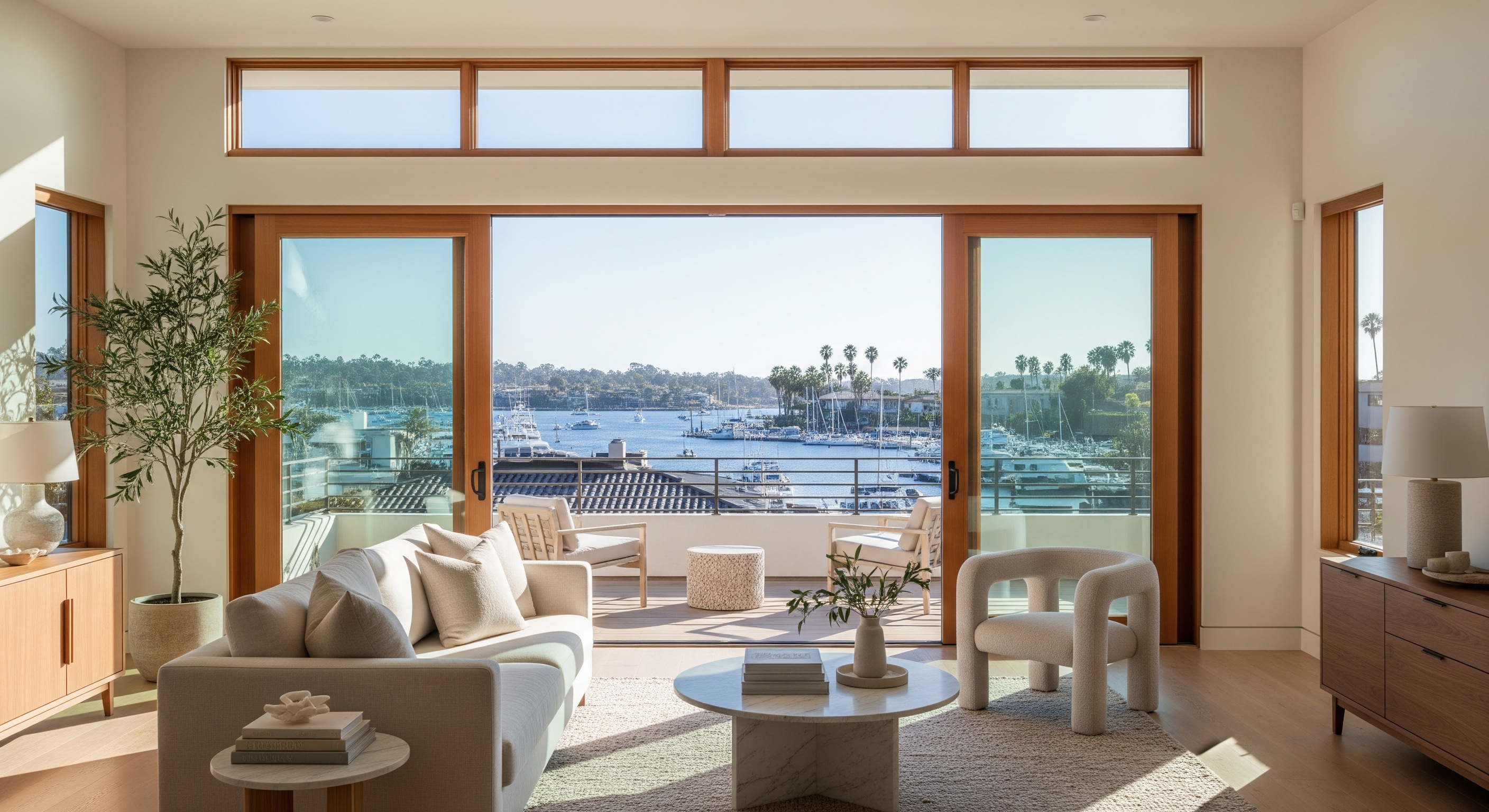 Modern Living Room With Large Windows Overlooking Waterfront Real Estate Listings