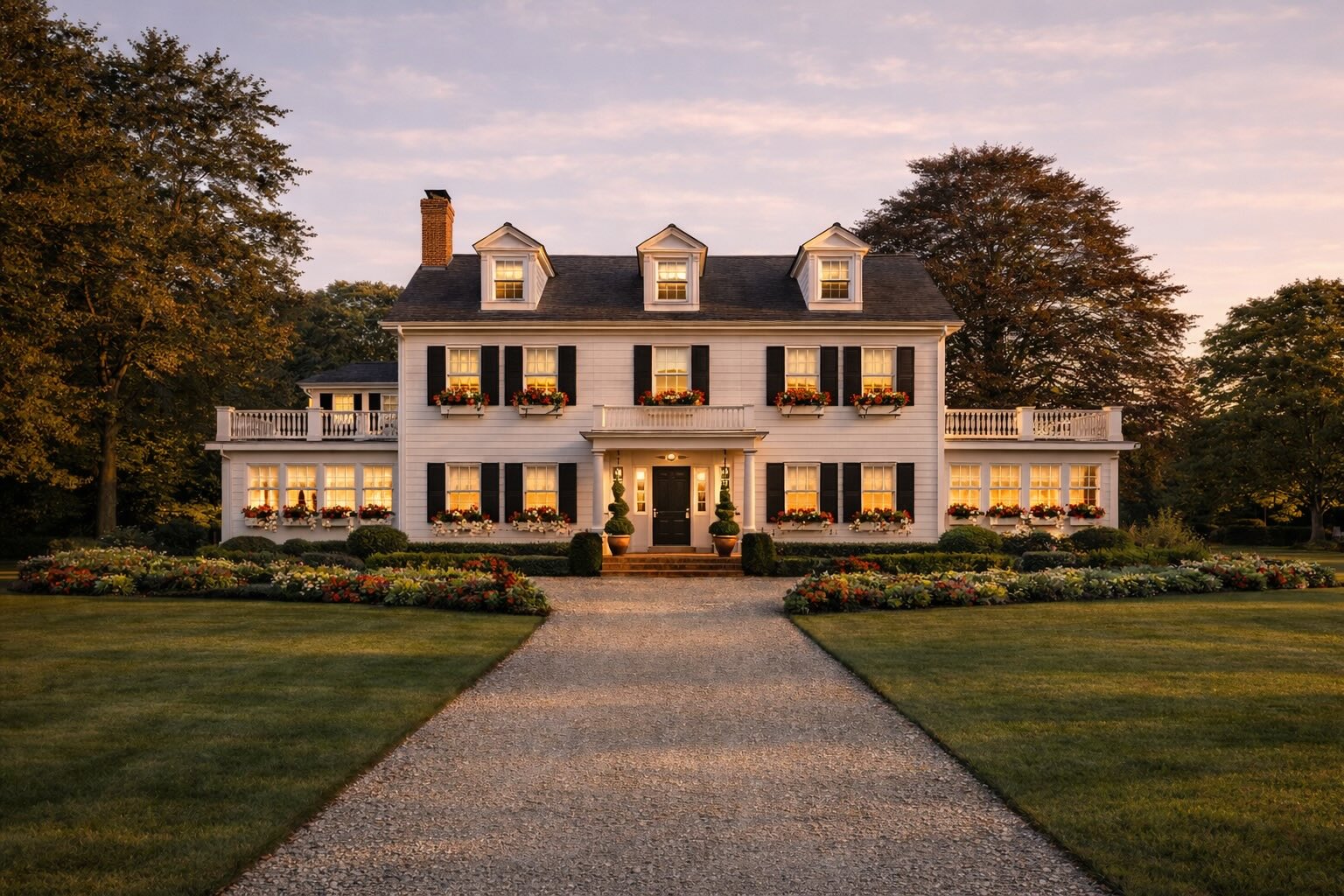 elegant East Hampton home with bright flowers at sunset