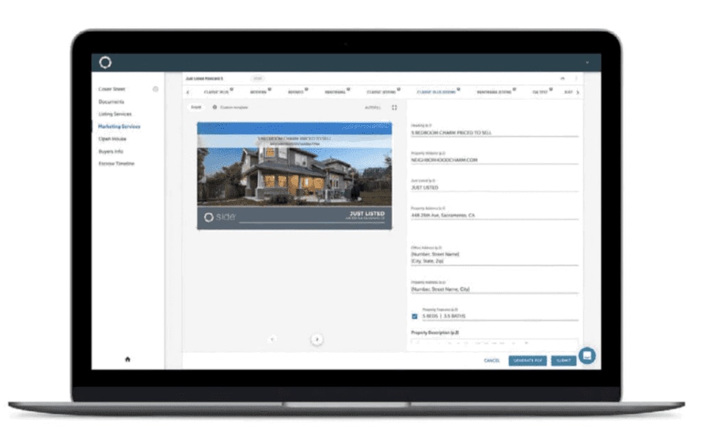 Laptop displaying a real estate listing editor with a house photo and “Just Listed” graphic.