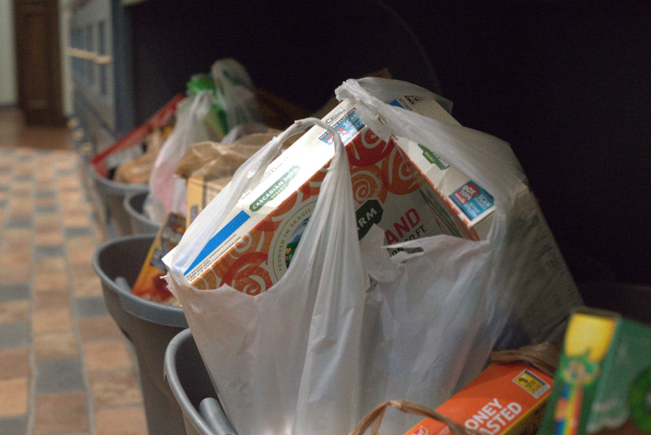 A row of bins filled with groceries