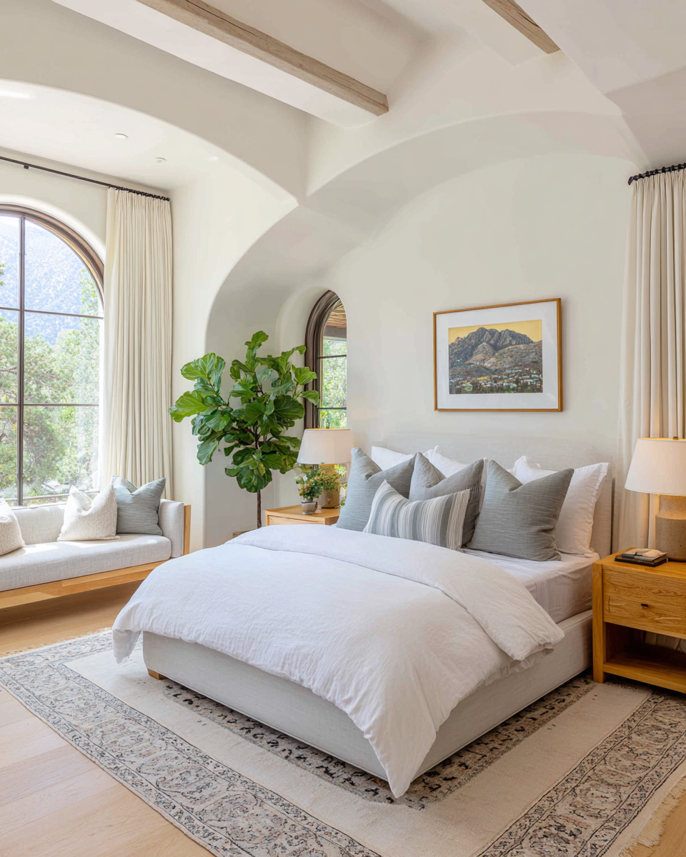Elegant bedroom with a white bed, gray pillows, and wooden bedside tables.