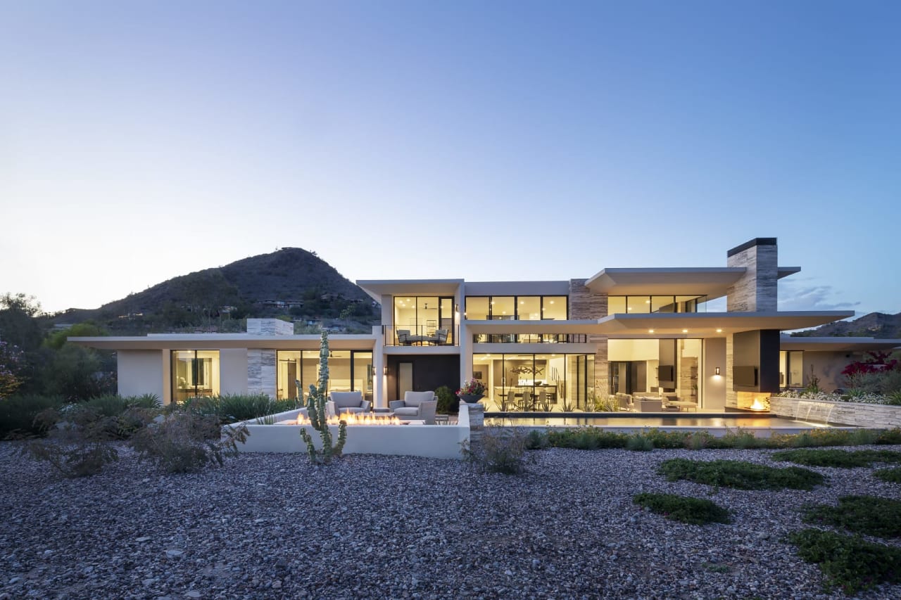 Sunset in the desert of a timeless modern home