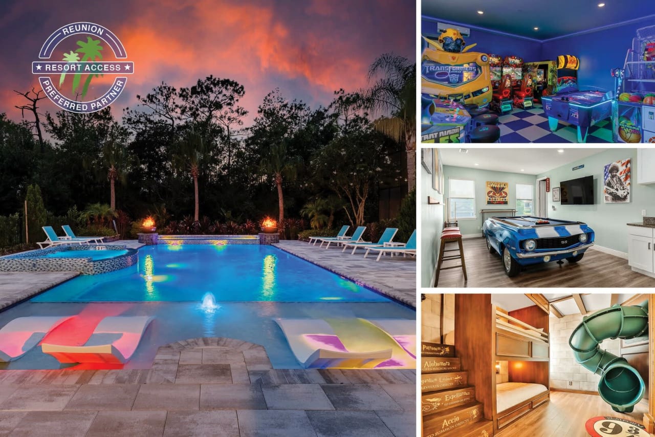 A collage of images showing amenities offered at a vacation property.