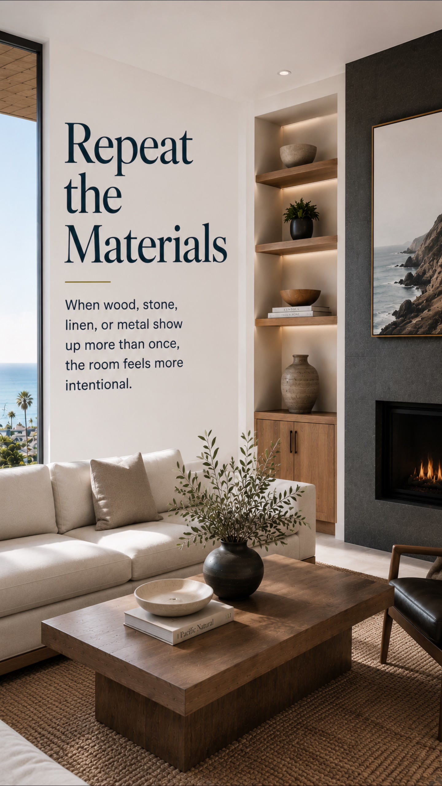 Repeat the materials — wood and stone finishes repeated in a neutral living room