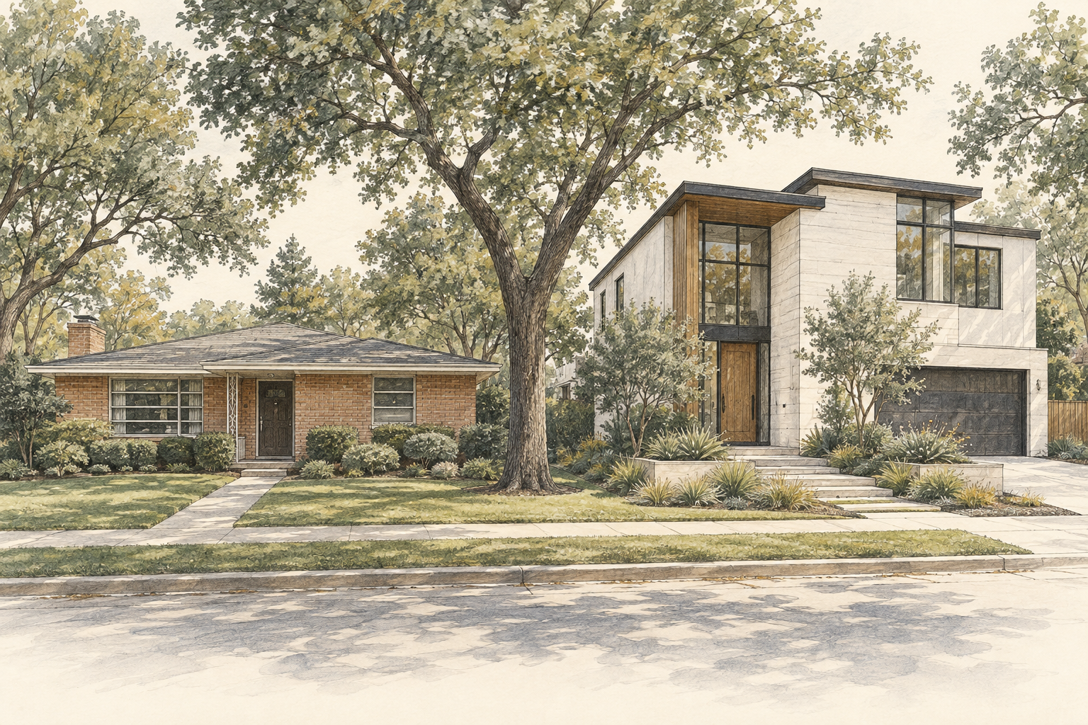 AI-generated editorial illustration of two generations of housing. Not a depiction of specific properties.