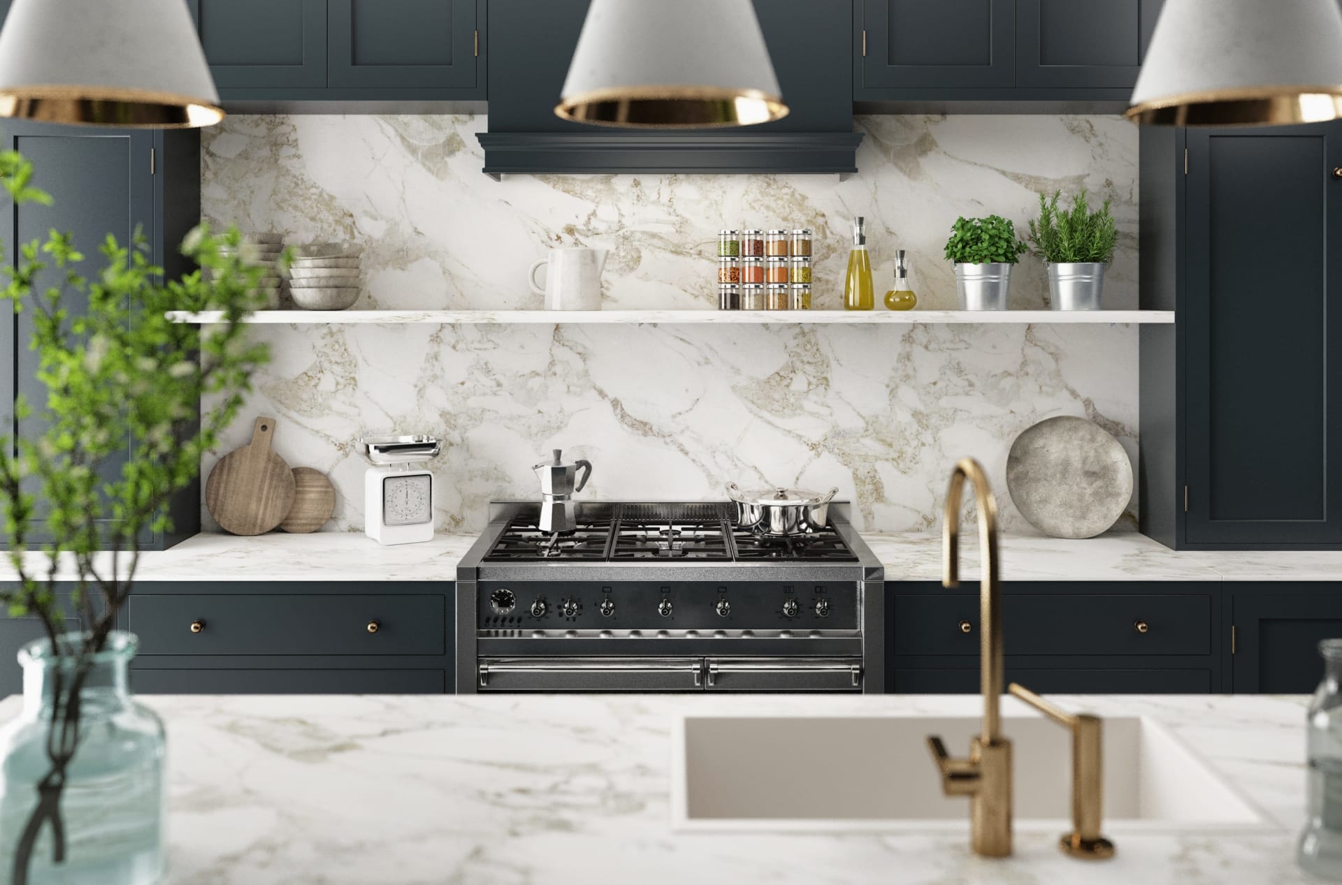  A luxurious kitchen with dark blue-gray cabinets, a white marble countertop, and a matching marble backsplash.