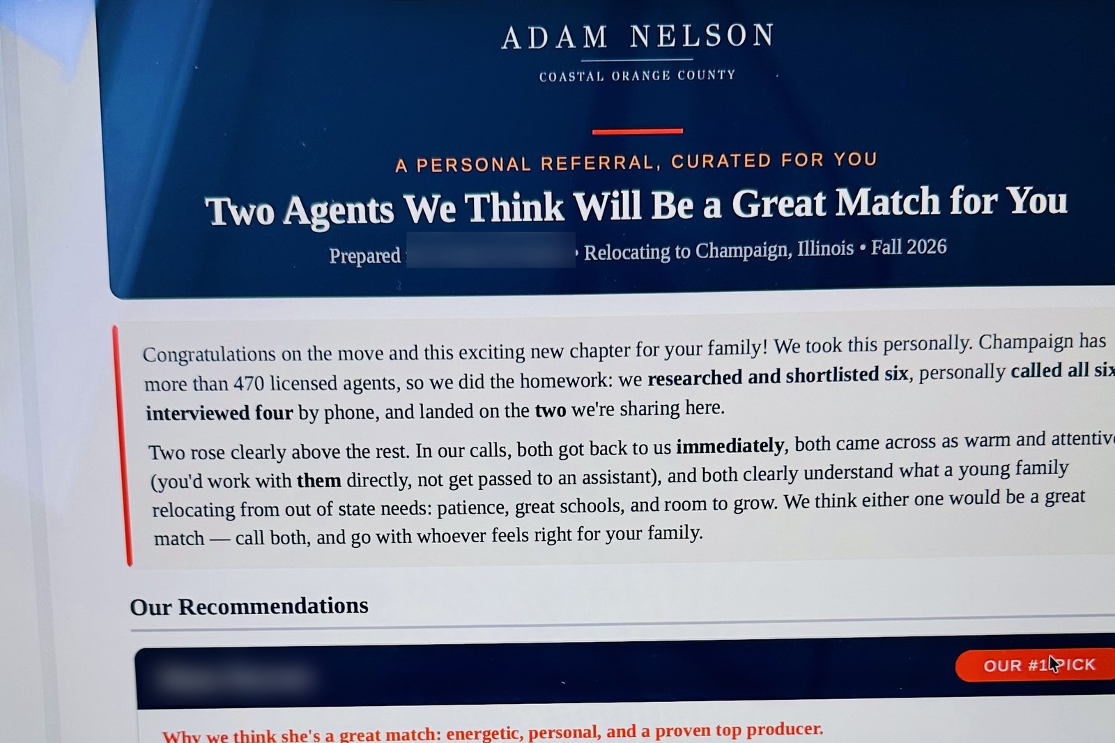 A laptop showing Adam Nelson's written agent referral report, headed Two Agents We Think Will Be a Great Match for You