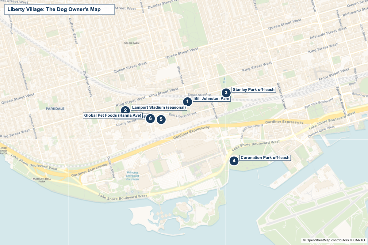 Map of dog runs, parks, pet stores and the vet in and around Liberty Village