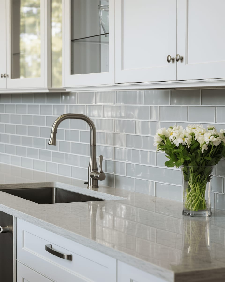 A kitchen with a stainless steel sink and faucet, granite countertops, and a vase with flowers on the counter.