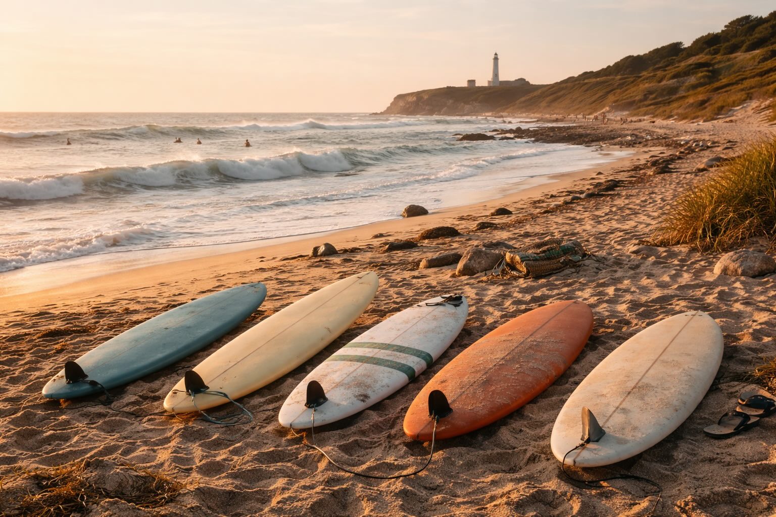 surfboards on a Montauk beach ocean waves crashing