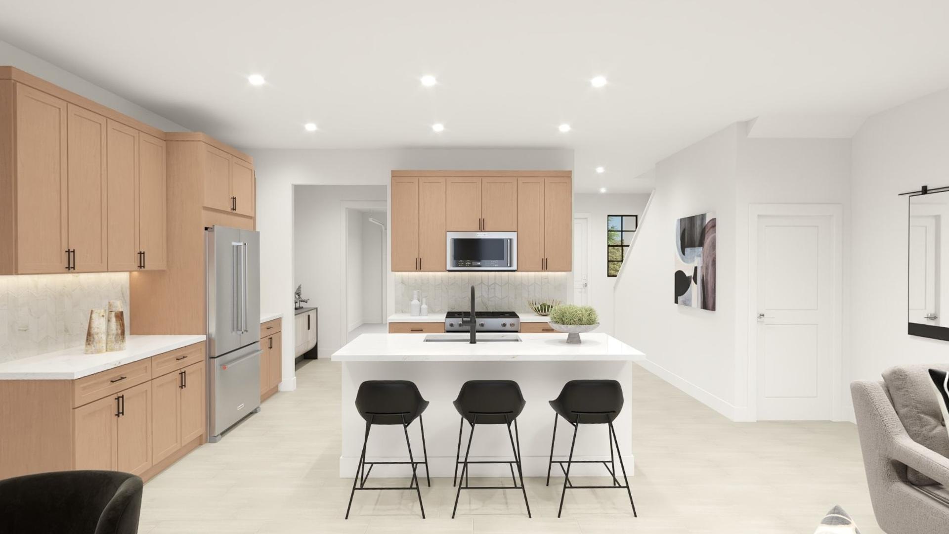 Toll Brothers rendering of the Gardener plan kitchen at Summercrest, light wood cabinets, white quartz island and three black stools