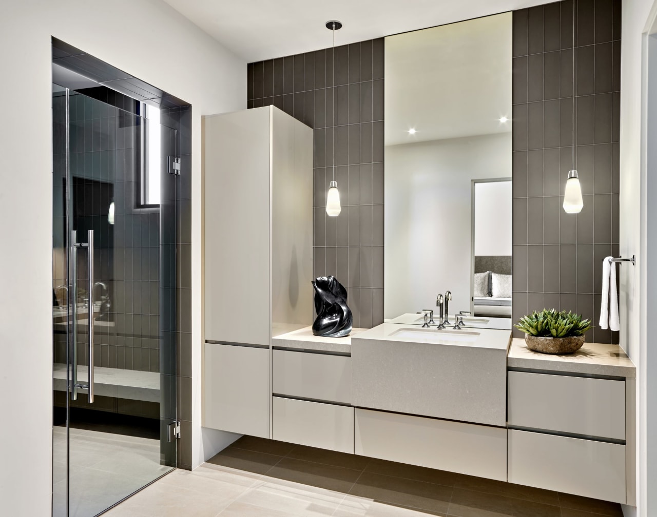 Modern bathroom in luxury home with floating sink