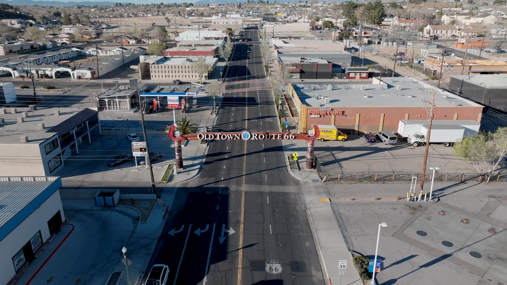 Aerial view of the Old Town Route 66 arch and Seventh Street in Victorville