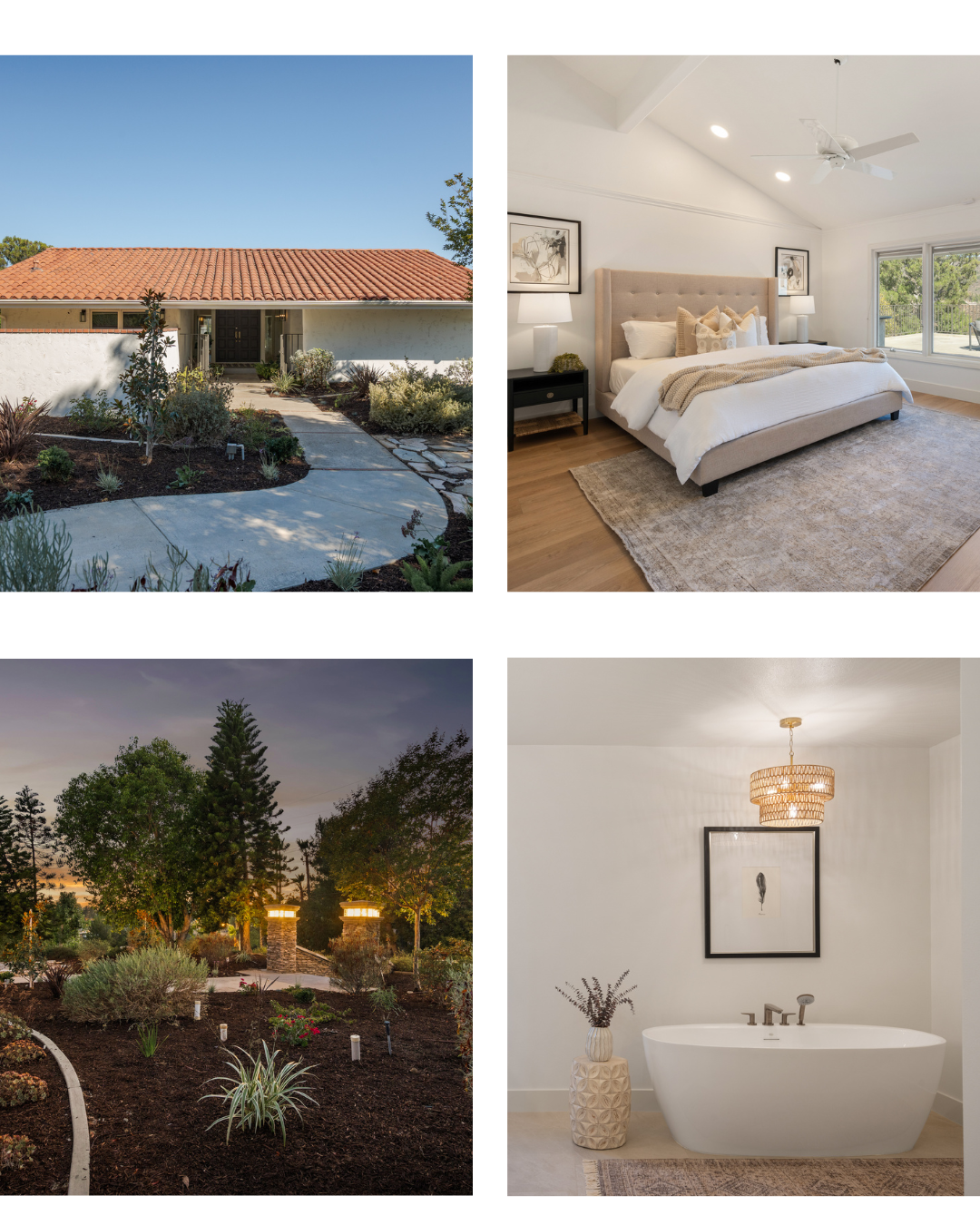 Staged home with a tile-roof exterior, neutral bedroom, dusk garden entrance, and freestanding bathtub.