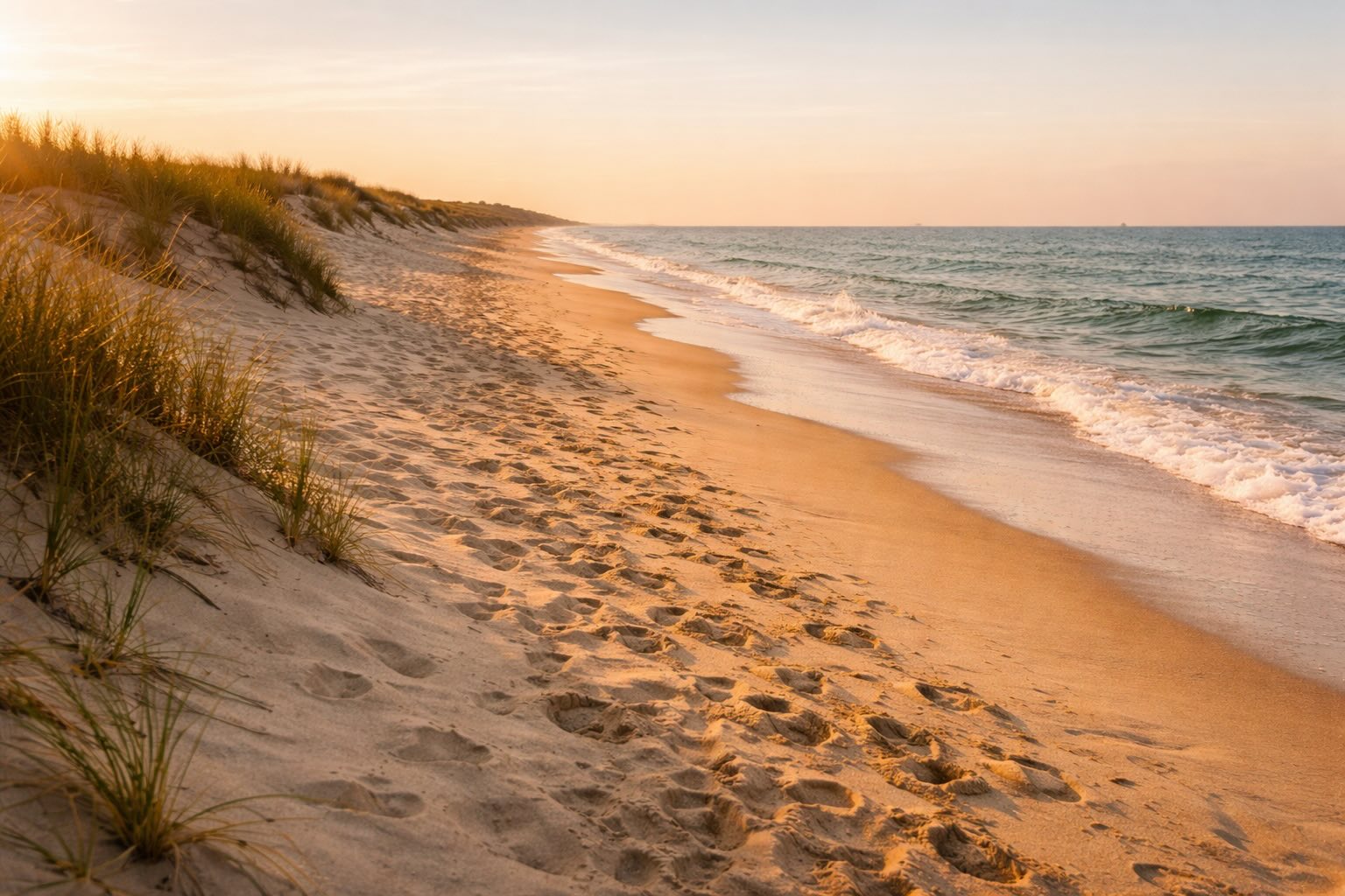Amagansett beach shoreline with sand dunes and footprints in the sand