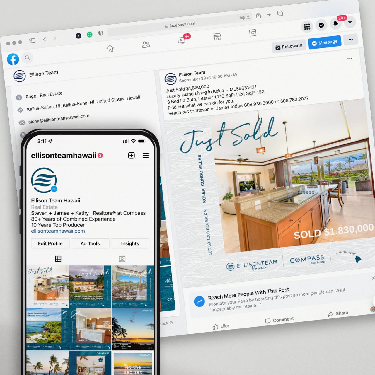 Facebook and Instagram marketing posts for luxury real estate listings in Hawaii