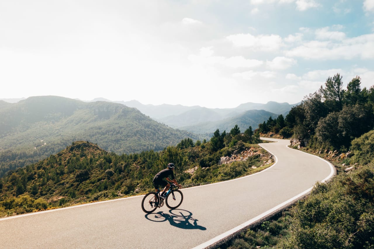 A cyclist riding a bike down a winding paved road surrounded by trees.