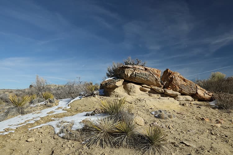 A large brown and rugged rock formation in the desert.