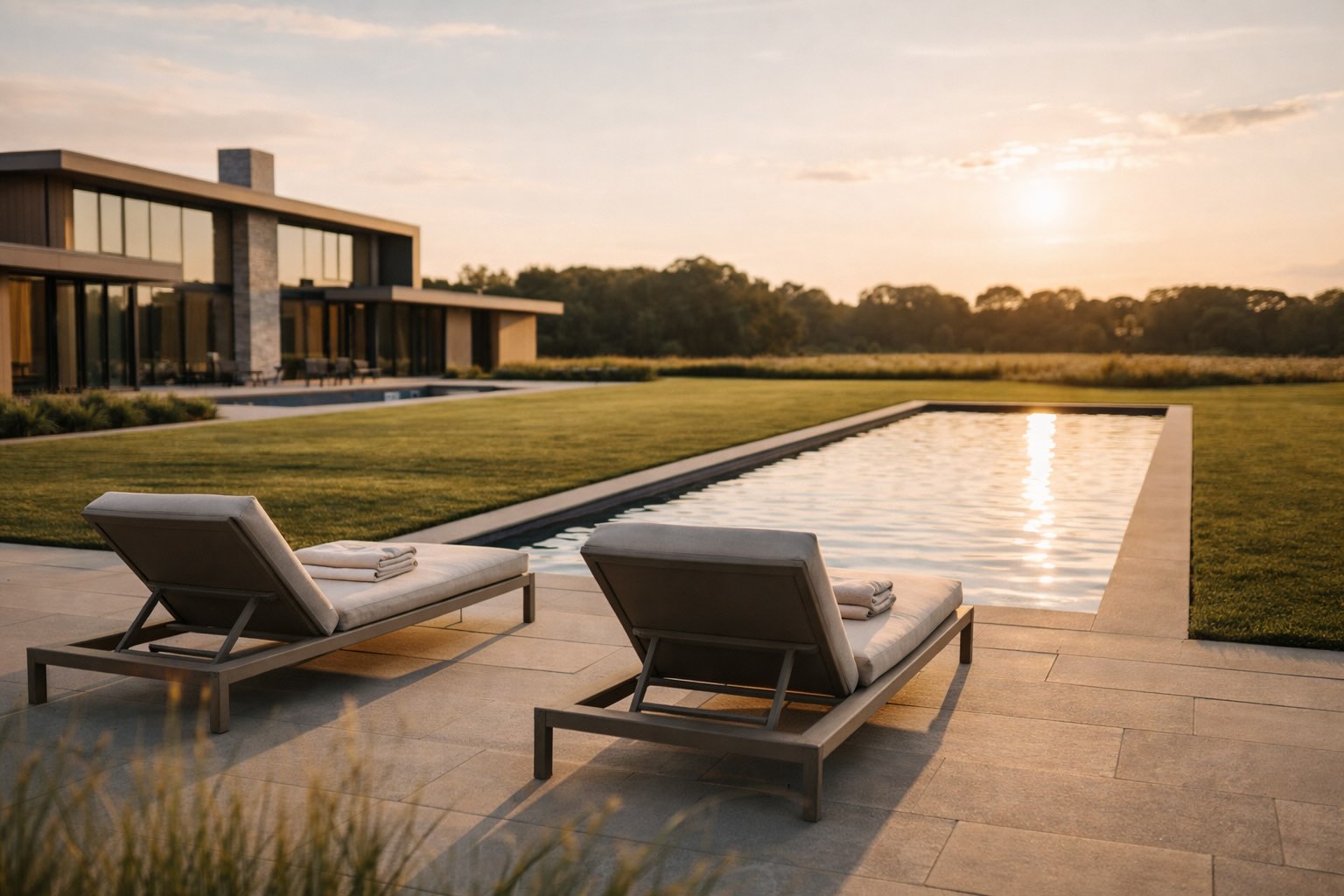 backyard in Sagaponack overlooking a pool and open fields
