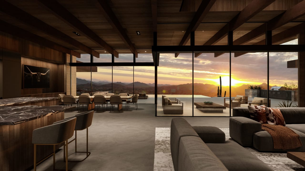 Mustang living room looking at Arizona sunset in Cave Creek